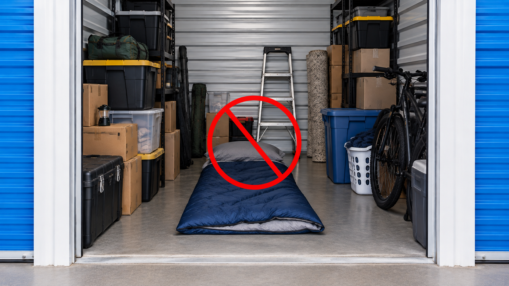 A storage unit filled with items. A sleeping bag on the ground has a