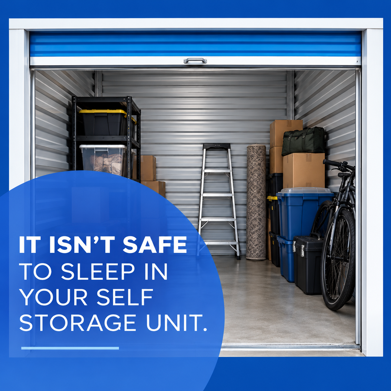 An open storage unit filled with bins, a ladder, a rug, and a bike.