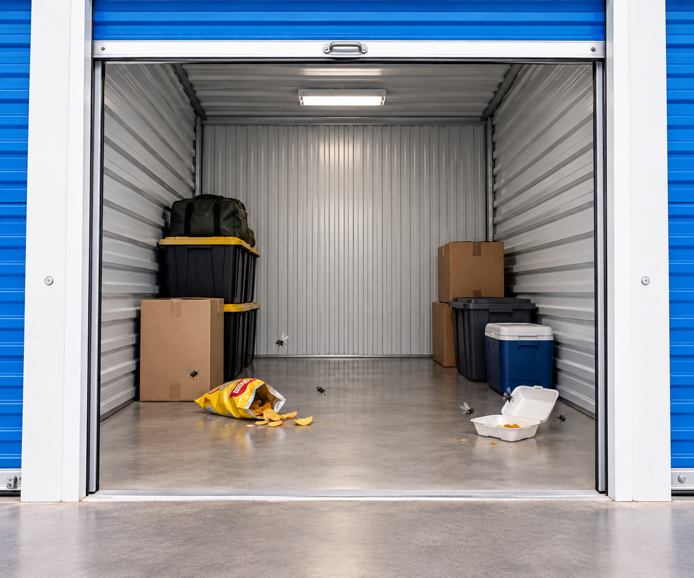 An open storage unit littered with trash which is attracting flies.