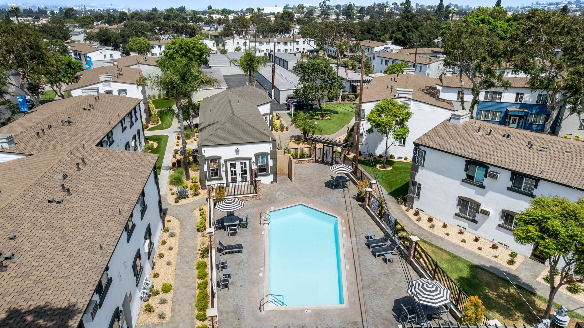 overhead of swimming pool and apartment exteriors