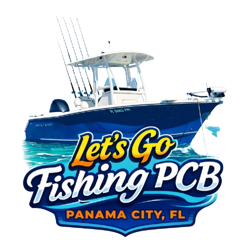 Logo of a blue fishing boat with “Let’s Go Fishing PCB” and “Panama City, FL” text
