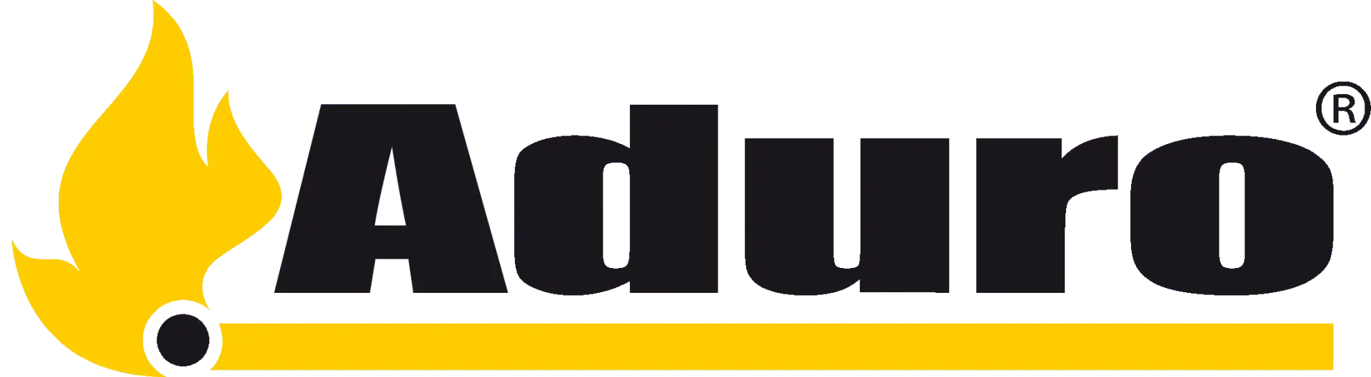 Logo Aduro in nero con fiamma gialla e sottolineatura su sfondo bianco.