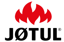 Logo di Jøtul con icona di fiamma rossa sopra testo nero.