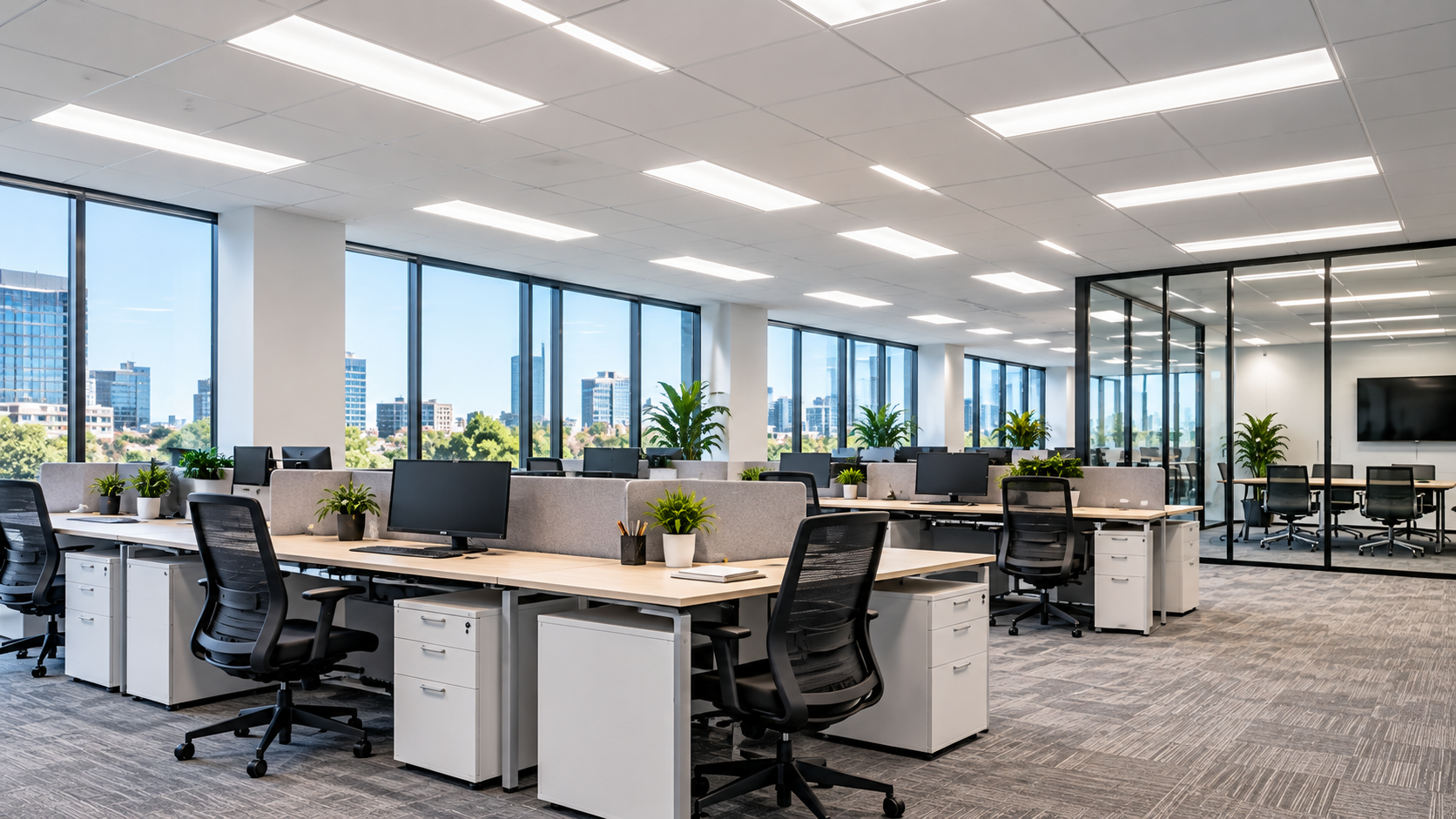 Bright modern open-plan office with desks, chairs, plants, and large windows overlooking a city view