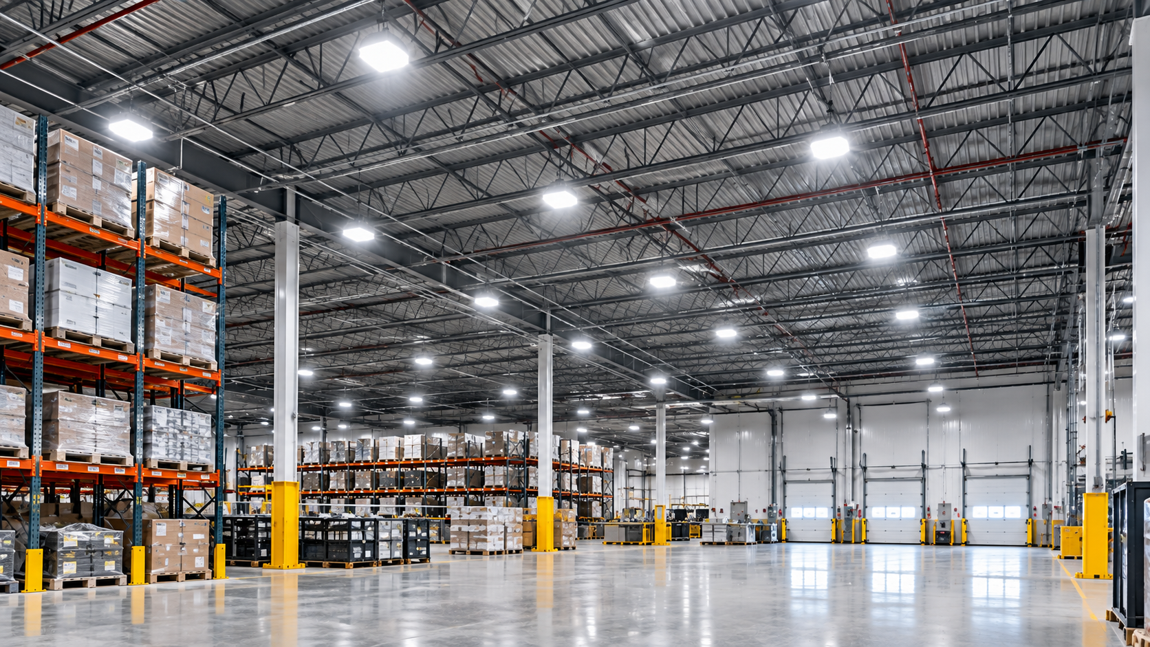Empty warehouse with tall shelving, stacked boxes, and bright overhead lights on a polished concrete floor