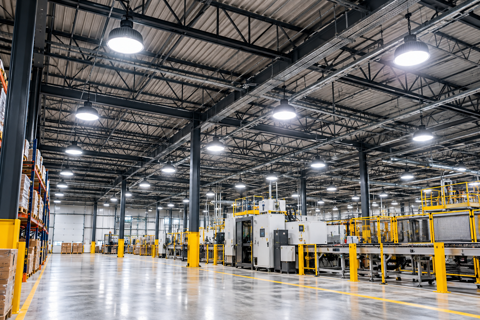 Bright industrial warehouse interior with machinery, yellow safety railings, and overhead lights