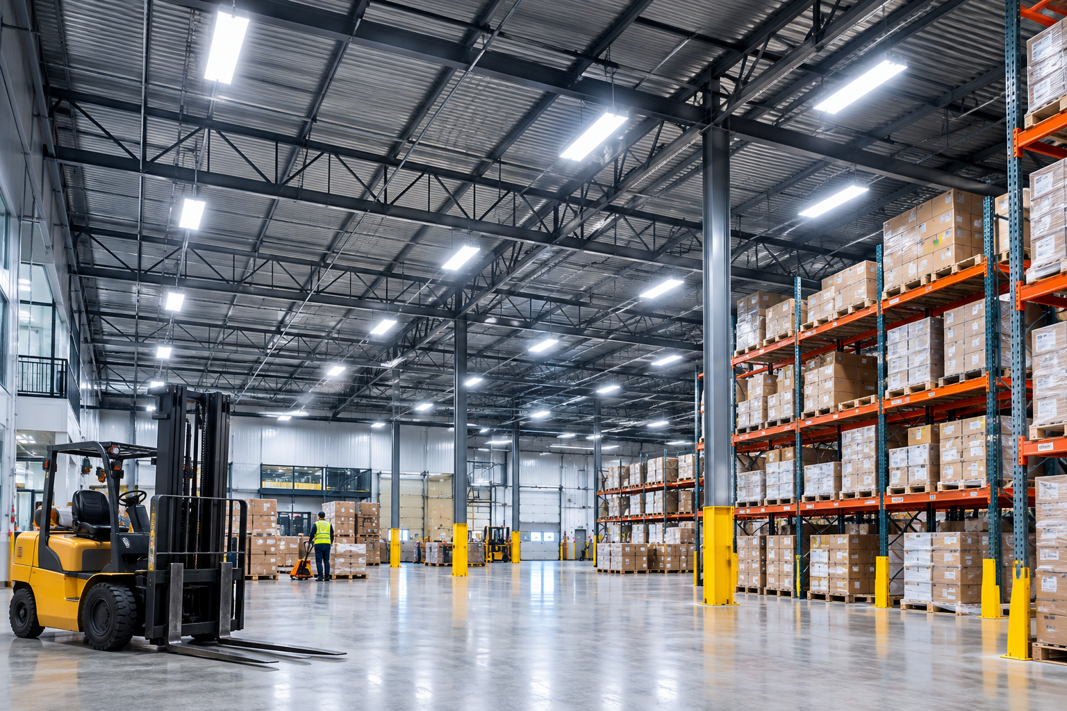 Large warehouse interior with forklifts, tall shelving, and bright overhead lights.