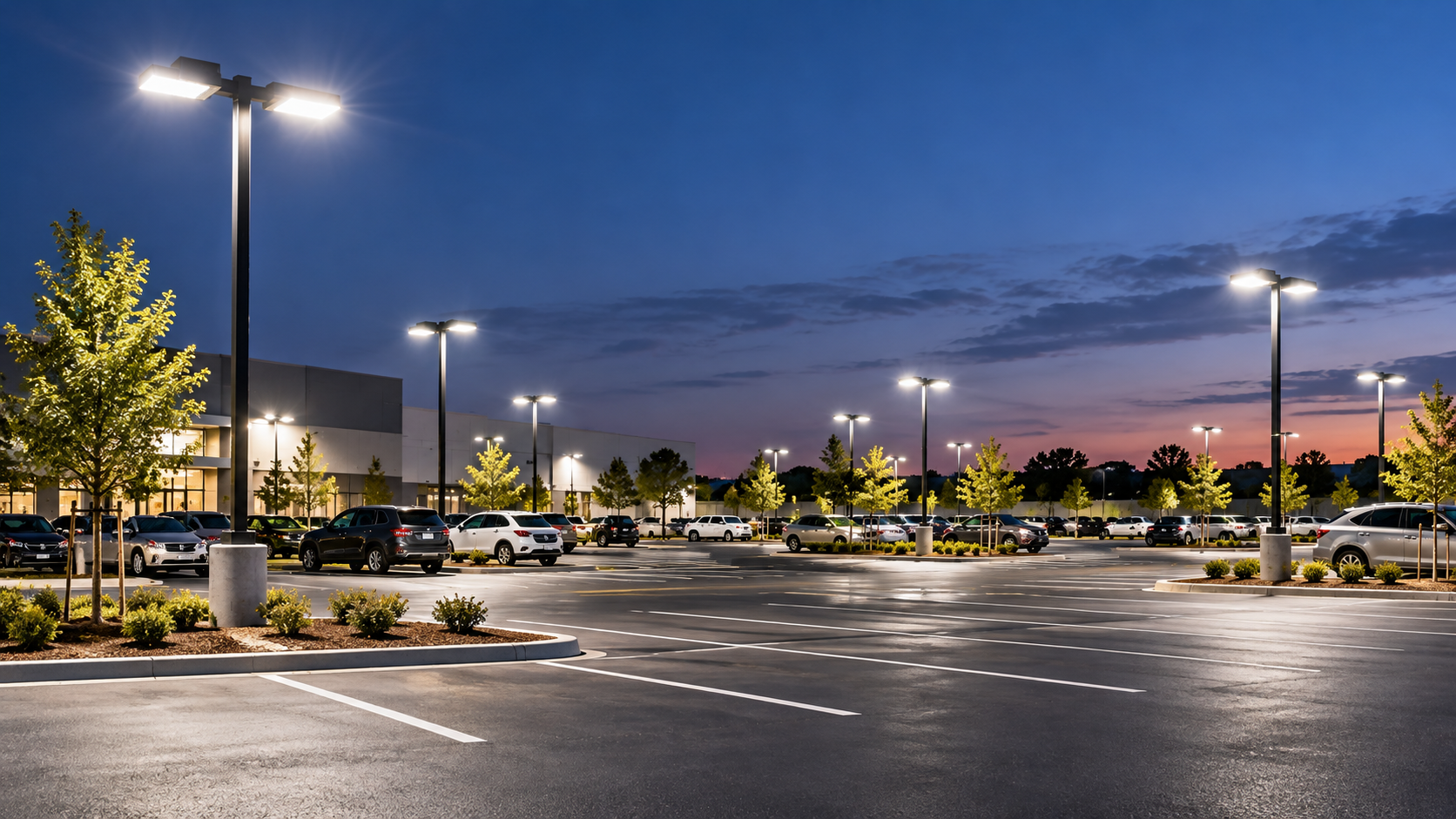 Empty parking lot at dusk with lit streetlamps and a pink-blue sunset sky