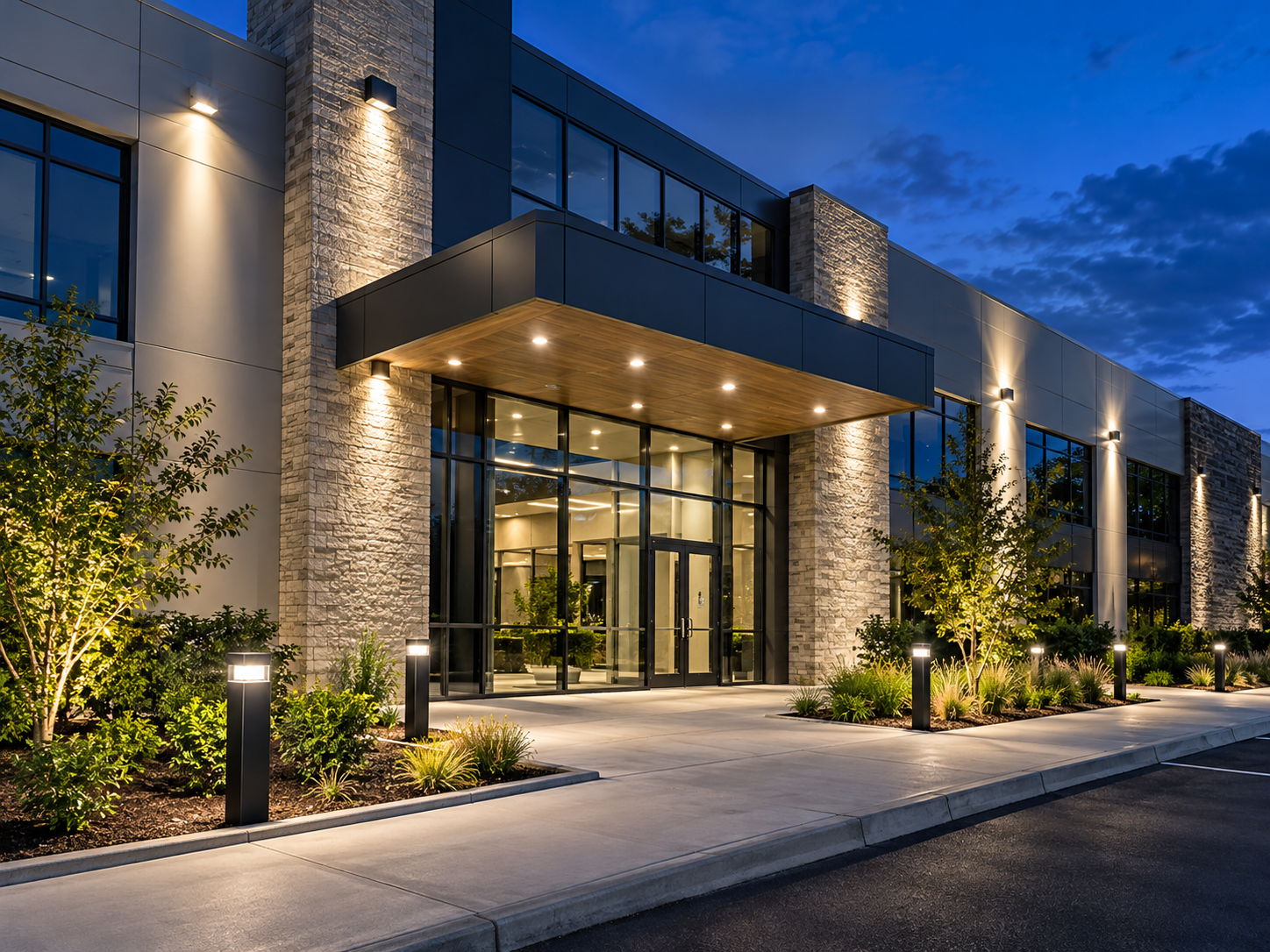 Modern office building entrance at dusk, with glass doors, stone columns, and landscaped lighting.