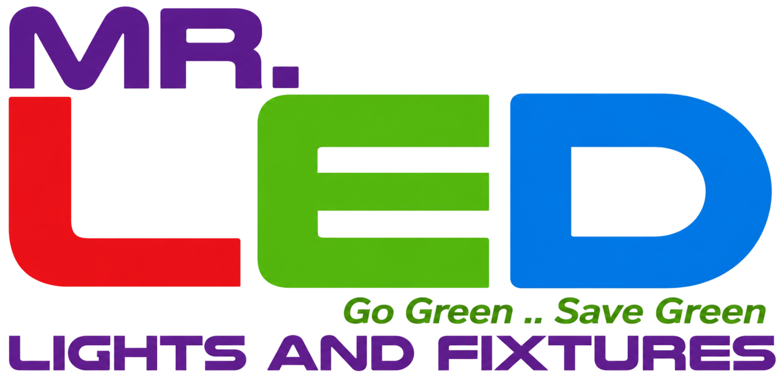 MR. LED logo with colorful text and the slogan “Go Green .. Save Green” for lights and fixtures