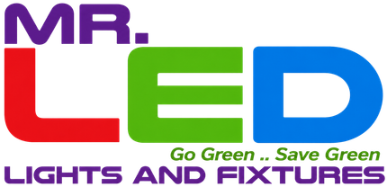 MR. LED logo with colorful text and the slogan “Go Green .. Save Green” for lights and fixtures
