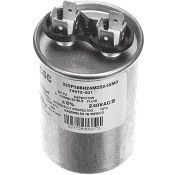 Silver cylindrical electrical capacitor with two metal terminals on top and a labeled body