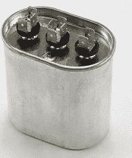 Three-terminal metal battery with three black-capped posts on a white background