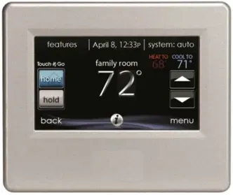 Digital thermostat display showing 72°F for family room, with heat/cool controls and menu buttons