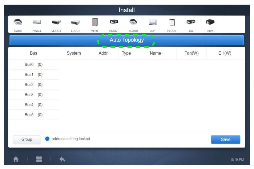 Install screen with Auto Topology dialog showing a device list and Save button.