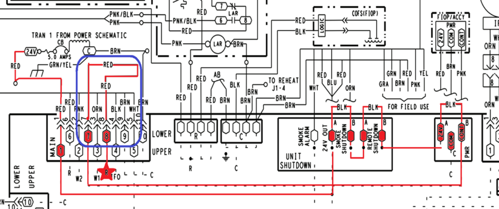 Detailed black-and-white electrical schematic with red and blue highlighted circuit paths.
