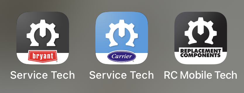 Three app icons on a gray background: Bryant, Carrier, and Replacement Components service tech apps.