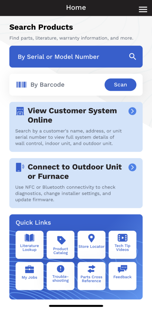 Mobile app home screen with search bar, promo cards, and quick-link icons on a blue background