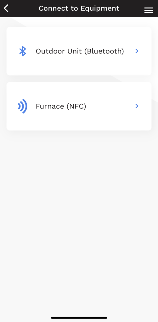 Mobile app screen titled “Connect to Equipment” showing two Bluetooth device options.