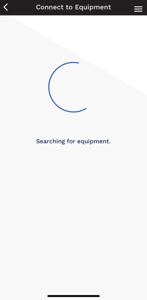 Mobile app loading screen with blue spinner and “Searching for equipment” text