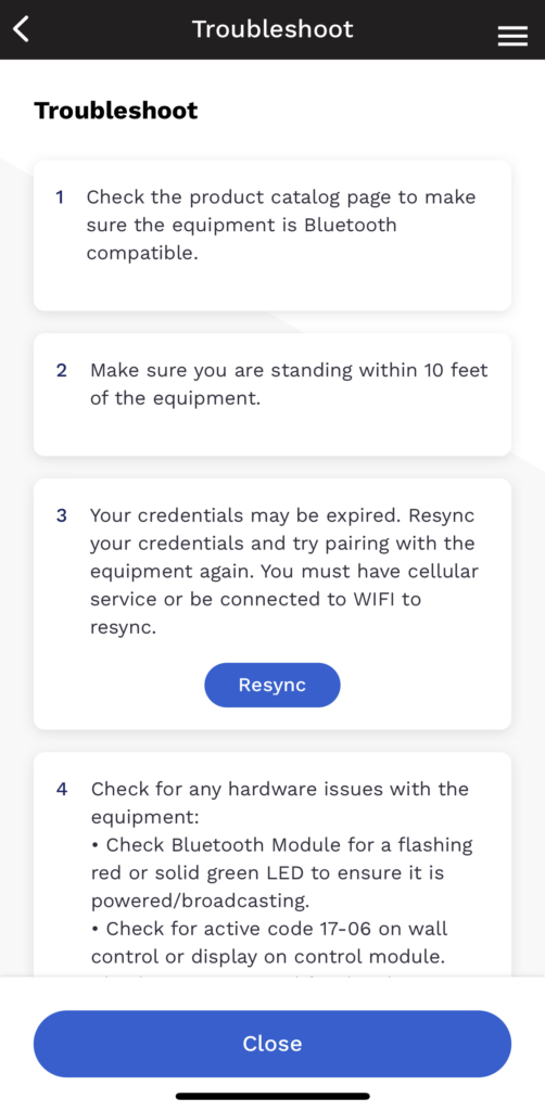 Mobile app troubleshoot screen with three numbered tips, a blue Retry button, and a Close button at bottom