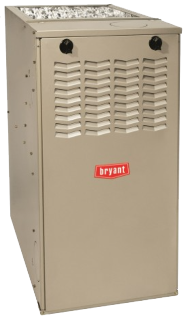 Beige Bryant furnace cabinet with vents and two black knobs on top.