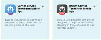 Two app cards for Carrier Service Technician Mobile App, one blue and one gray, with text about easy setup and an update.