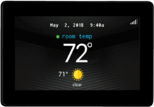 Thermostat display showing 72° and clear weather with sun icon, room temp, and May 2, 2018, 9:40a