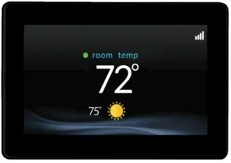 Smart thermostat display showing room temperature 72° with a sunny icon and 75° forecast