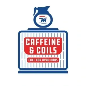 Blue and red Caffeine & Coils logo with a mug and “Fuel for HVAC Pros” tagline