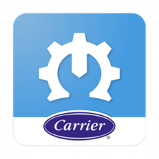 Carrier logo: white gear and power symbol on blue square with oval Carrier wordmark
