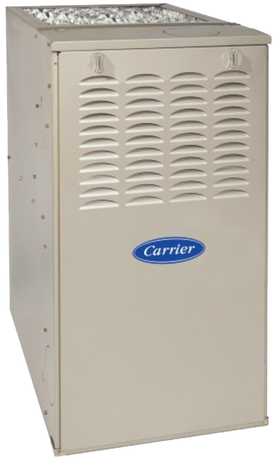 Beige Carrier furnace with front vents and blue logo on top.