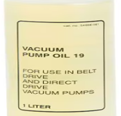 Bottle labeled “Vacuum Pump Oil 19” for belt drive and vacuum pumps, 1 liter