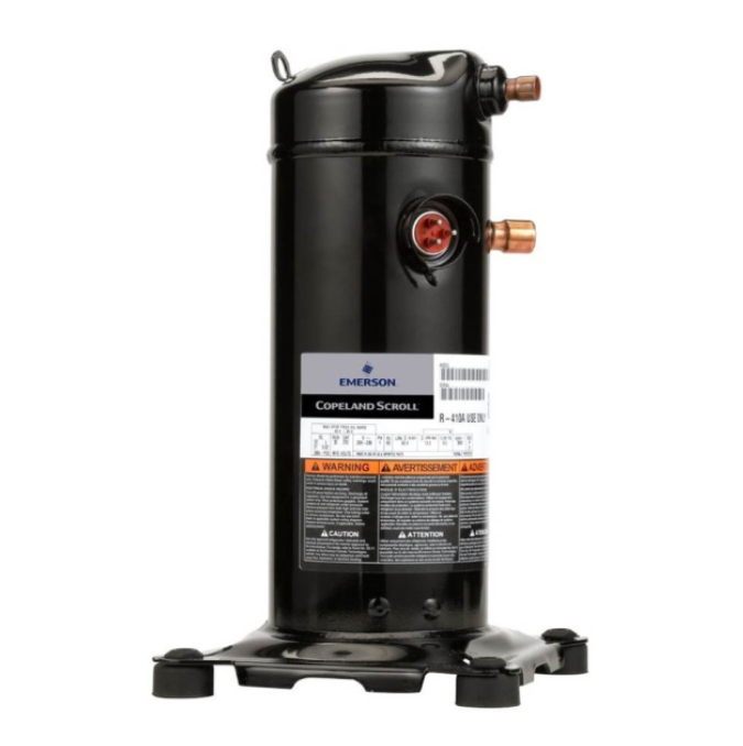Black cylindrical refrigeration compressor with copper ports and labels on a white background