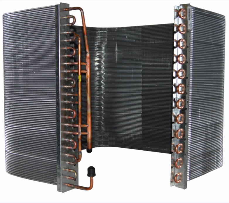 Copper HVAC evaporator coil with black fins and aluminum end plates, shown in a U-shape.