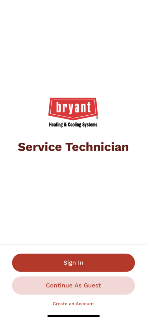 Bryant Service Technician screen with red sign-in buttons on a white background