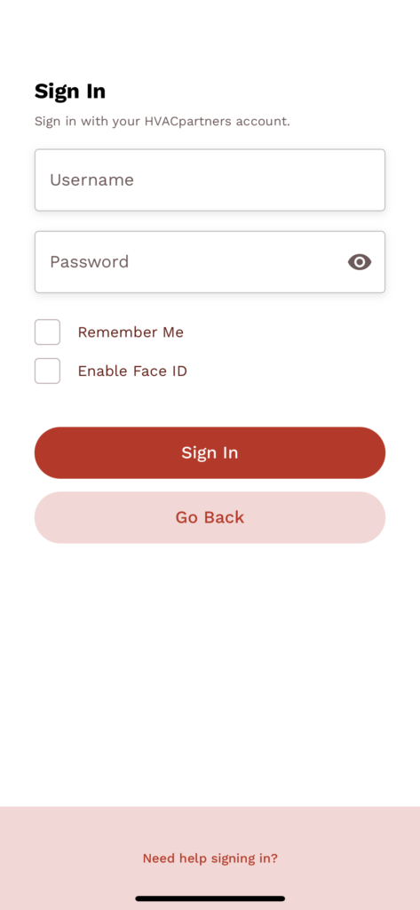 Mobile sign-in screen with email and password fields, a red sign-in button, and a light pink secondary button.