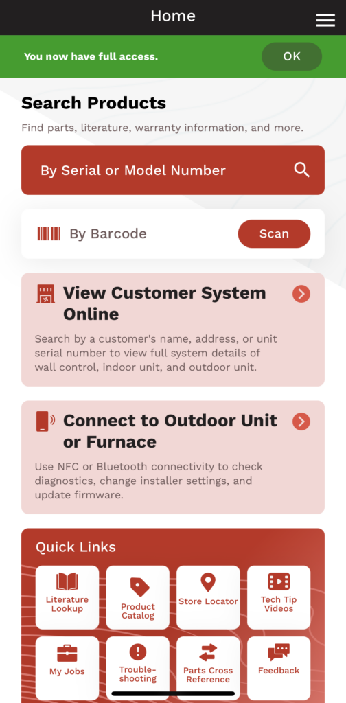 Mobile app home screen with search, customer system status cards, and quick links on a red-and-white interface