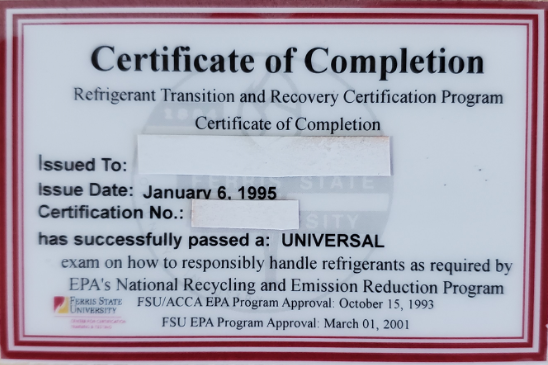 Red-bordered certificate of completion for refrigerant transition and recovery certification program