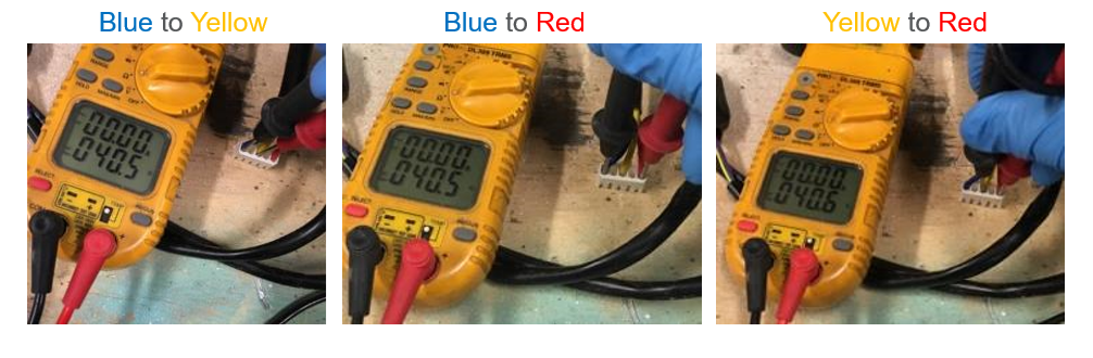 Three side-by-side shots of a digital multimeter testing wiring, labeled Blue to Yellow, Blue to Red, and Yellow to Red.