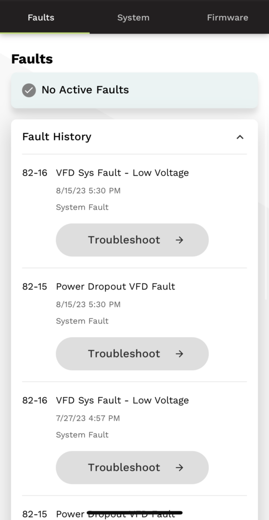 Faults screen with a list of alert cards and “Troubleshoot” buttons under a dark top navigation bar.
