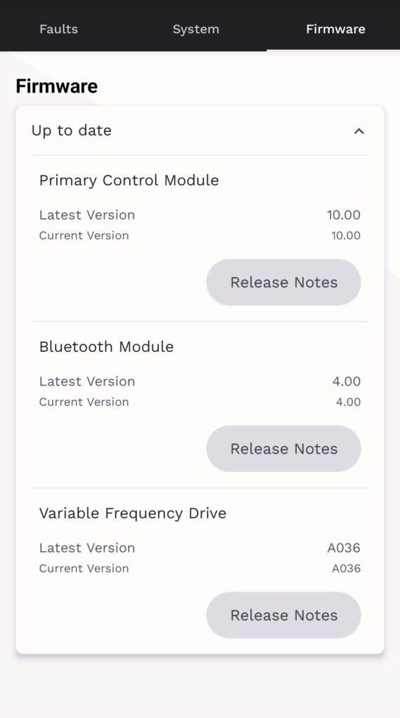 Firmware update list on a phone screen with three update cards and “Release Notes” buttons.