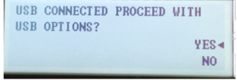 Blue screen text: “USB CONNECTED PROCEED WITH USB OPTIONS?” with Yes and No menu choices.