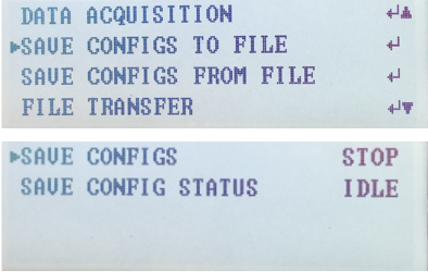 Blue-gray device menu showing “Data Acquisition” with save configs and file transfer options.
