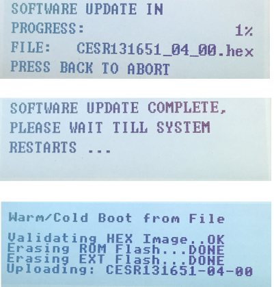 Device firmware update screens showing progress, completion, and boot-from-file messages.