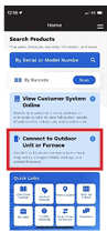 Mobile app home screen with search bar, blue promo cards, and quick-link tiles; one card is highlighted red.