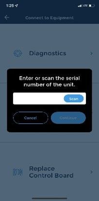 Mobile app screen showing a dialog to enter or scan a unit serial number, with Cancel and Continue buttons.