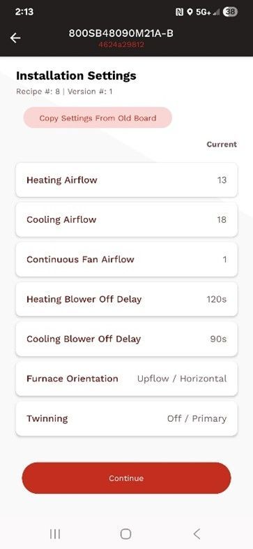 Mobile app “Installation Settings” screen with a red warning banner and a list of airflow/direction settings.