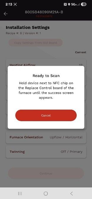 Phone screen showing an Installation Settings page with a centered “Ready to Scan” popup and a red Cancel button.