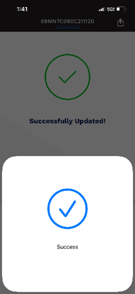 Mobile app success confirmation screen with green checkmark and “Successfully Updated!” text.